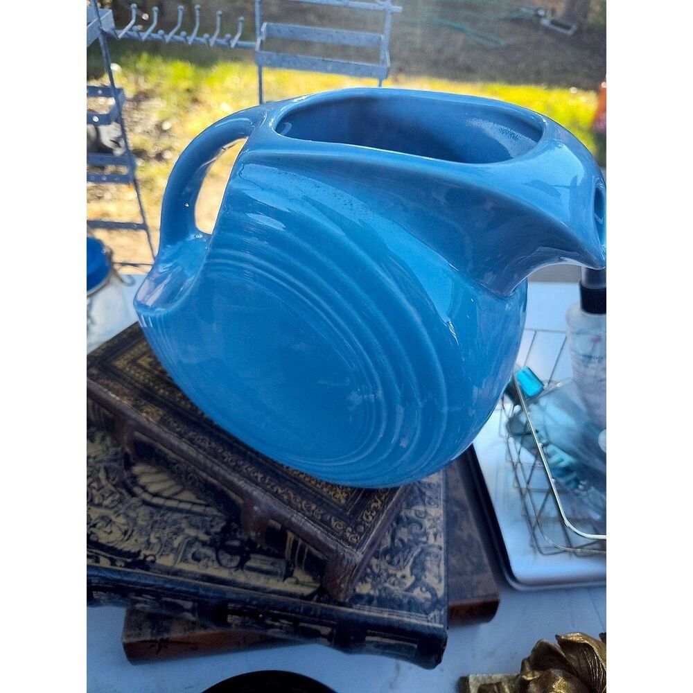 Fiesta-Style Blue Disc Water Pitcher with Concentric Ring Motif